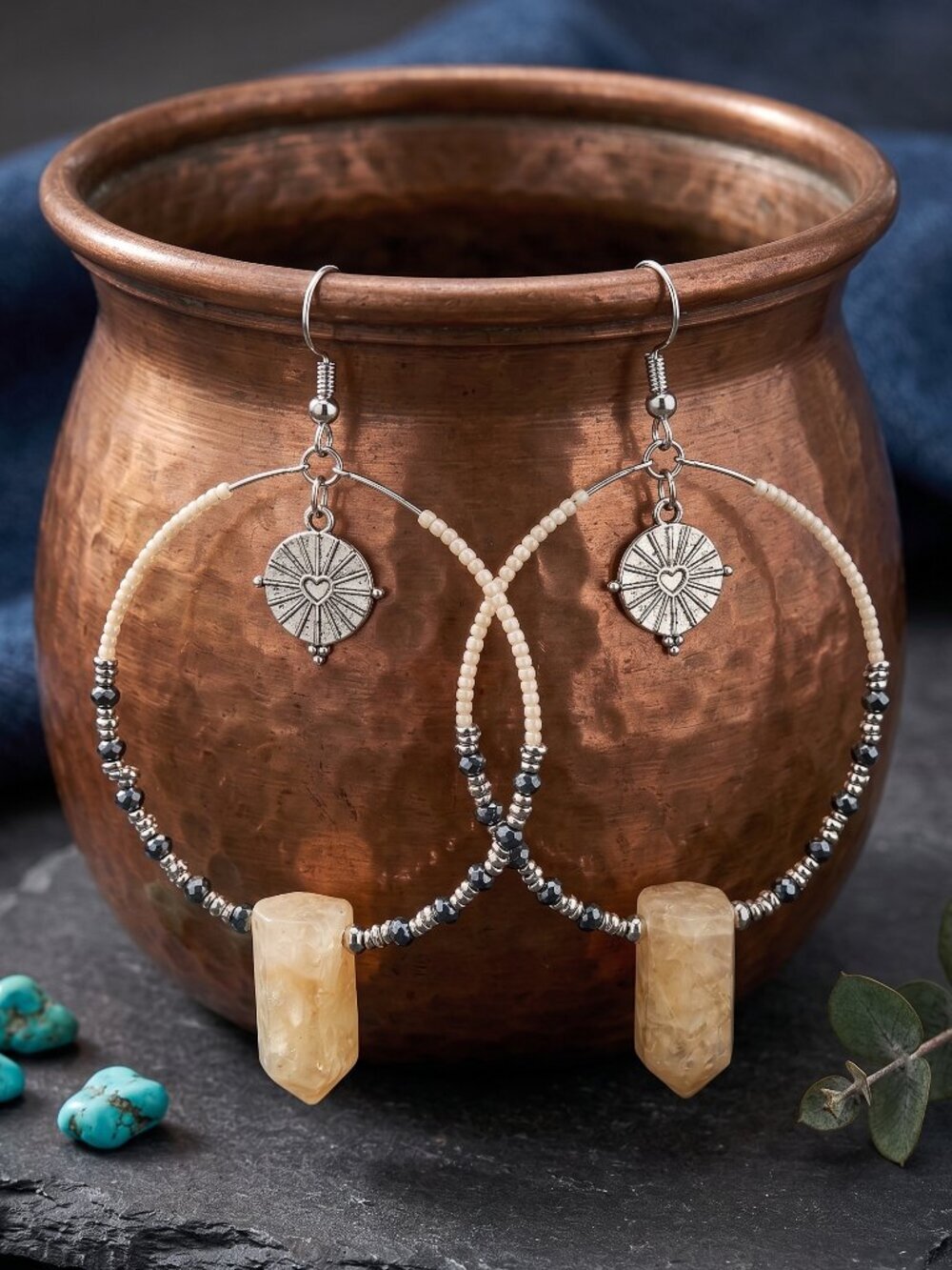 Silver Beaded Boho Celestial Hoop Earrings Crystal Point Drop Honey Gold 4"L